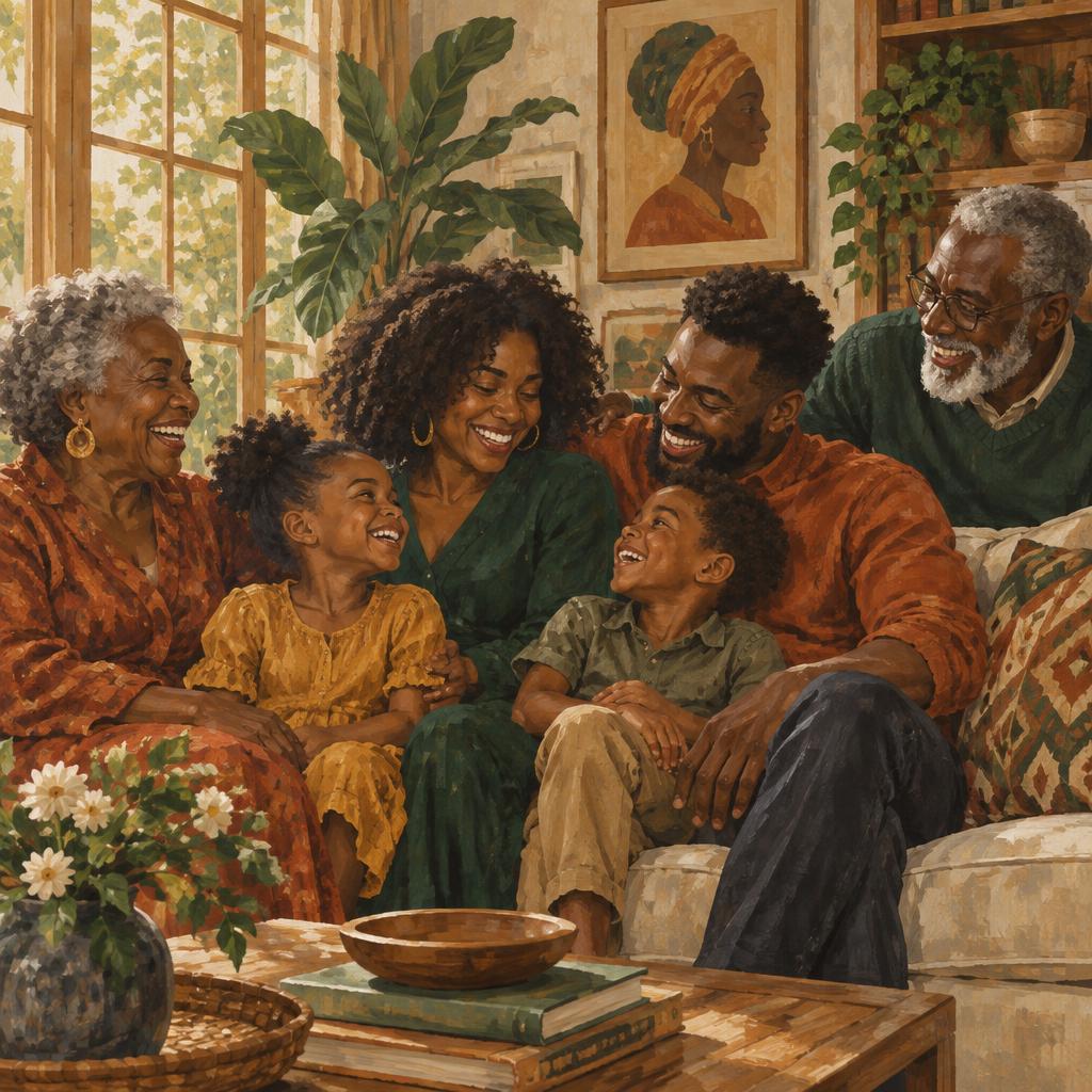 Editorial illustration of a multigenerational Black family gathering, representing shared memories and family heritage.