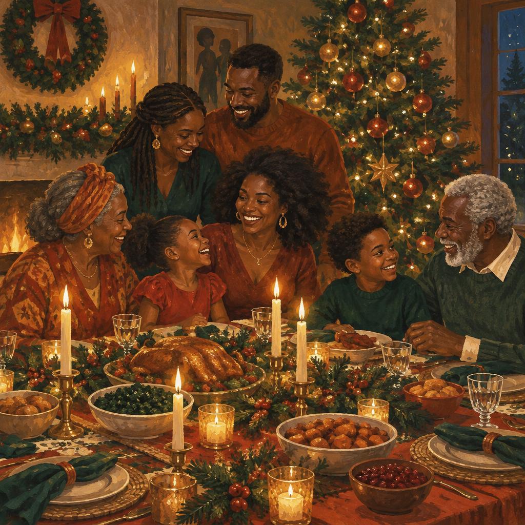Editorial illustration of a Black family celebrating the holidays together, representing warmth, community, and shared traditions.